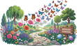 © Abbas - Garden path blooms with colorful flowers while butterflies drift in the.