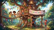 © Menura - Cartoon kids decorating a magical treehouse with friendship banners, fairy lights, and colorful flags, teamwork and fun, whimsical animated movie style.
