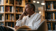 © forenna - Male founder in his early forties sits alone in a public library corner, journal open, pen mid-sentence, visibly wrestling with whether his Series A success was luck or skill,