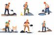 © Kacunk - Collection of road construction workers in safety gear using shovels to repair potholes, fill cracks, and move gravel in flat illustration style.