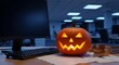 © AntariCode - Glowing Jack o lantern on an Office Desk with a Computer and Papers