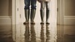 © 锴 张 - Flooded indoor space water covered floor rubber boots standing people reflection water surface disaster cleanup safety scene with blue jeans grey pants low angle composition showing flooding impact