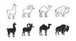 © Виталий Опришко - Livestock animal icon set with llama ram camel and bison outline and silhouette collection