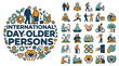 © s graphics  - International Day of Older Persons vector icon set, senior citizens lifestyle and healthcare collection, elderly people activity and wellness illustrations