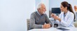 © Cantarela - Woman audiologist showing a hearing aid to an elderly man in a clinic. Professional medical consultation for hearing loss treatment. Healthcare equipment and patient care concept.