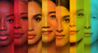 © master1305 - Diverse female faces collage with rainbow color strips and beauty details. Concept of beauty diversity, skincare ads, inclusion campaign, cosmetics branding, color identity.
