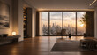 © Angs - Wide view of a modern luxury living room with a single armchair facing a city skyline at sunset. Elegant apartment interior design. International Singles Day concept