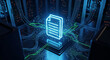 © JimDesign - Digital document icon floating above a server processor in a hightech data center, representing cloud storage, data management, and information technology infrastructure