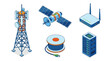 © Ali - Isometric vector set of telecommunication equipment featuring a cell tower, satellite dish, wireless router, and fiber optic cable on a clean white background for network technology concepts.