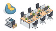 © Asma - Isometric vector set of modern coworking space elements including bean bag chair, coffee machine, shared office desk, and laptop on a clean white background for interior design projects.
