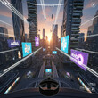 © Adbullah - Futuristic city street view with glowing neon billboards and tall skyscrapers during a beautiful golden sunset time