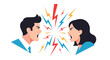 © Sadiaa - Man and woman in business attire shouting at each other with red and blue lightning bolts for intense workplace conflict or debate.