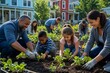 © Rasyid - Diverse families and friends joyfully planting vegetables together in a vibrant community garden on a sunny day.