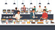 © For - Guests and staff at a catering buffet line selecting various dishes from chafing dishes during a corporate event or social gathering in a dining hall.