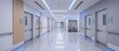 © Mino - Modern hospital corridor with clean white design, medical doors, and blue accent lighting, healthcare facility interior