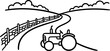 © 300mas - Tractor on Country Road, Farm Fence, Clouds, Rural Landscape Line Art
