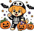 © Mousumiakter - Cheerful Dog Skeleton Costume Pumpkin Candy Bucket Halloween Waving
