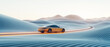 © jianjian - Futuristic golden concept car speeding along a glowing digital highway in an abstract dreamy desert.