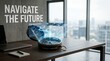 © YLing - A compass projecting a futuristic holographic display with global data and navigation routes, symbolizing strategic planning and future direction