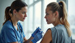 © AlenaSi - Medical professional administering vaccine to patient in clinic setting. Nurse prepares to inject vaccine to young woman in healthcare environment. Concept of vaccination and public health awareness.