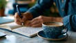 © Maksym Tereshchenko - founder journaling in quiet coffee shop corner during rare afternoon away from startup office, open notebook filled with reflection on six months of wrong assumptions, pivot decision notes forming o