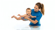 © Rifat22 - Smiling mother holding her happy baby in water while teaching to swim on isolated white background