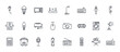 © Amelia - 24 outline Electronic Device web icons such as movie camera, battery, washing machine, christmas bulb, microphone podcast. Thin vector symbols for report, presentation, web design and mobile app