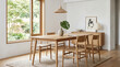 © Indra - Modern dining room interior with wooden table and chairs, luxury home decor, indoor dining space with window, elegant restaurant style
