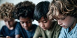 © Shelley - Focused Boys Engaged with Smartphones, Diverse Group in Casual Shirts, Shallow Depth of Field, Modern Technology Use