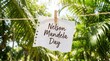 © mother - Nelson Mandela Day note on clothesline, tropical palm tree background, inspirational message on paper