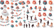 © Kulsum - Isometric birthday party vector element set with gift boxes, birthday cakes, balloons, bunting garlands, chairs, and people silhouettes