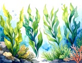 Watercolor illustration featuring vibrant kelp, seaweed, and coral against a backdrop of blue ocean hues, creating an underwater scene