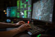 © Olha - Analyst Hands Typing on Backlit Mechanical Keyboard, Dark Workspace Multiple Monitors Green Code Network Graphs, Cinematic