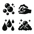 © Iryna - Glossy soap and bubble icons with hand and water droplets on dark background