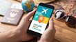 © Nina - Young adult male holding smartphone with travel booking app interface for vacation planning and flight reservation on wooden table