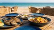 © Nina - Seafood feast with grilled fish and oysters on a beach restaurant table overlooking the ocean for a luxury summer vacation dining concept