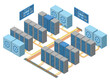 © Pancasona - Modern server room with cooling systems and monitors isometric view.