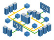 © Pancasona - Isometric network diagram with servers and computers.