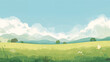 © bephoto - 緑の草原と大きな雲を淡く描いたやさしい水彩イラスト
