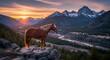 © Rianah - Majestic horse stands atop rocky cliff overlooking mountain landscape at sunset