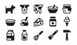 © MDIKRAM - Set of various black food icons showing dairy products kitchen tools and dessert elements.