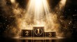 ©  AH Creation - Gold podium with number one two and three on a dark background with bright glowing light rays and sparkles for a winning concept