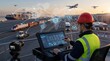 © Lee - Logistics manager using digital tablet to control global supply chain network with cargo ships, trains, and drones in background