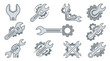 © tr - Collection of wrench and gear icons representing mechanical engineering and repair services.