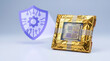 © newlifestock - Semiconductor chip protection concept with golden wrapped chip and digital shield symbol representing process security in ongoing chip war