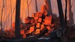 © Zulshof - Stack of cut timber illuminates vividly under warm forest twilight lighting