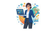 © Maya - Successful businesswoman holding laptop and cash with financial icons