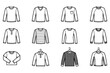 © Creative Wings - Minimalist long sleeve shirt icons, set of 12 apparel line art illustrations, flat vector clothing templates for fashion design and retail mockups