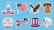 © Ibnu Gazali - Set of patriotic American themed vector graphic stickers featuring national symbols like the capitol building eagle flag and fireworks display