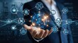 © James - Business professional holding holographic blockchain network sphere with security icons representing data protection, encryption and decentralized technology concepts
